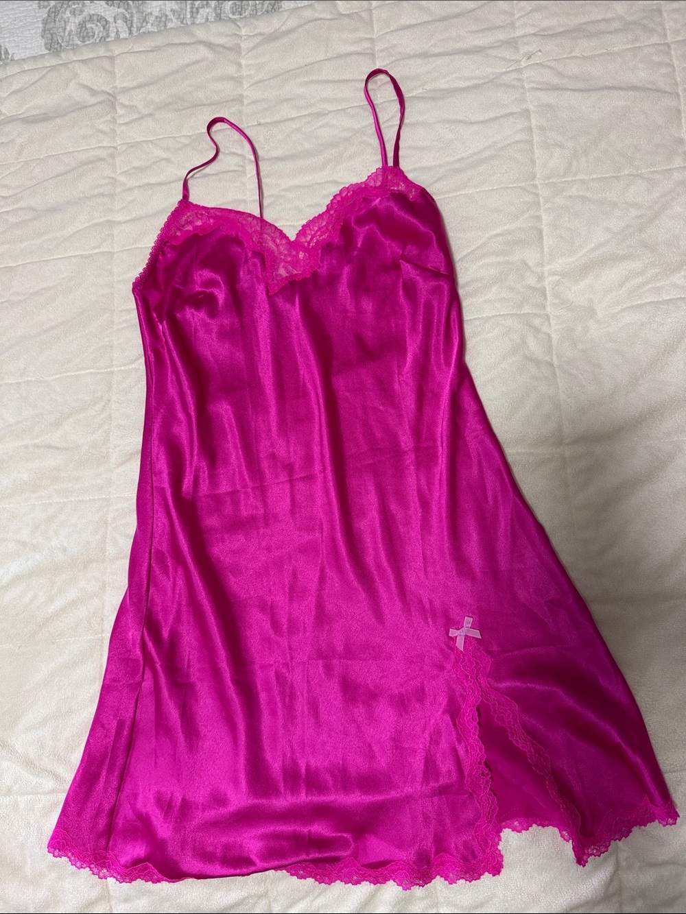 Victoria's Secret Hot Pink Satin Lace-Trim Slip